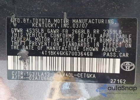 2007 Toyota Camry Xle V6 из США, поврежденный, VIN 4T1BK46K67U036468